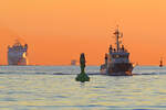 Zollboot PRIWALL und das Frachtschiff CADENA 3 im Licht der aufgehenden Sonne in der Ostsee vor Travemünde.