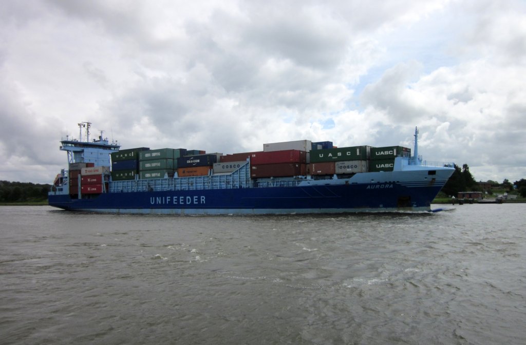 Container-Feeder Aurora , Limassol , IMO 9234989 , am 20.07.2012 auf dem NOK bei Sehestedt Fahrtrichtung Brunsbttel.