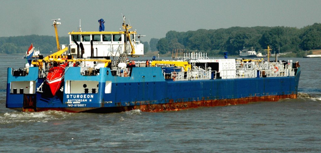 Die MS Sturgeon, ein Gastanker von Chemgas leer auf dem Weg nach Rotterdam. Er passiert gerade die Dsseldorf Altstadt am 21.06.2010.