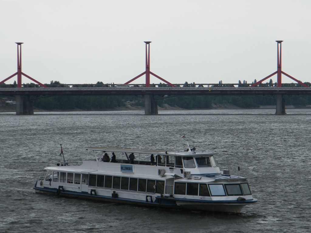 Privatschiff 'Millenium II.' fhrt in Budapest zwischen die Lgymnyosi-Brcke und Petőfi-Brcke, am 30. 04. 2011.  