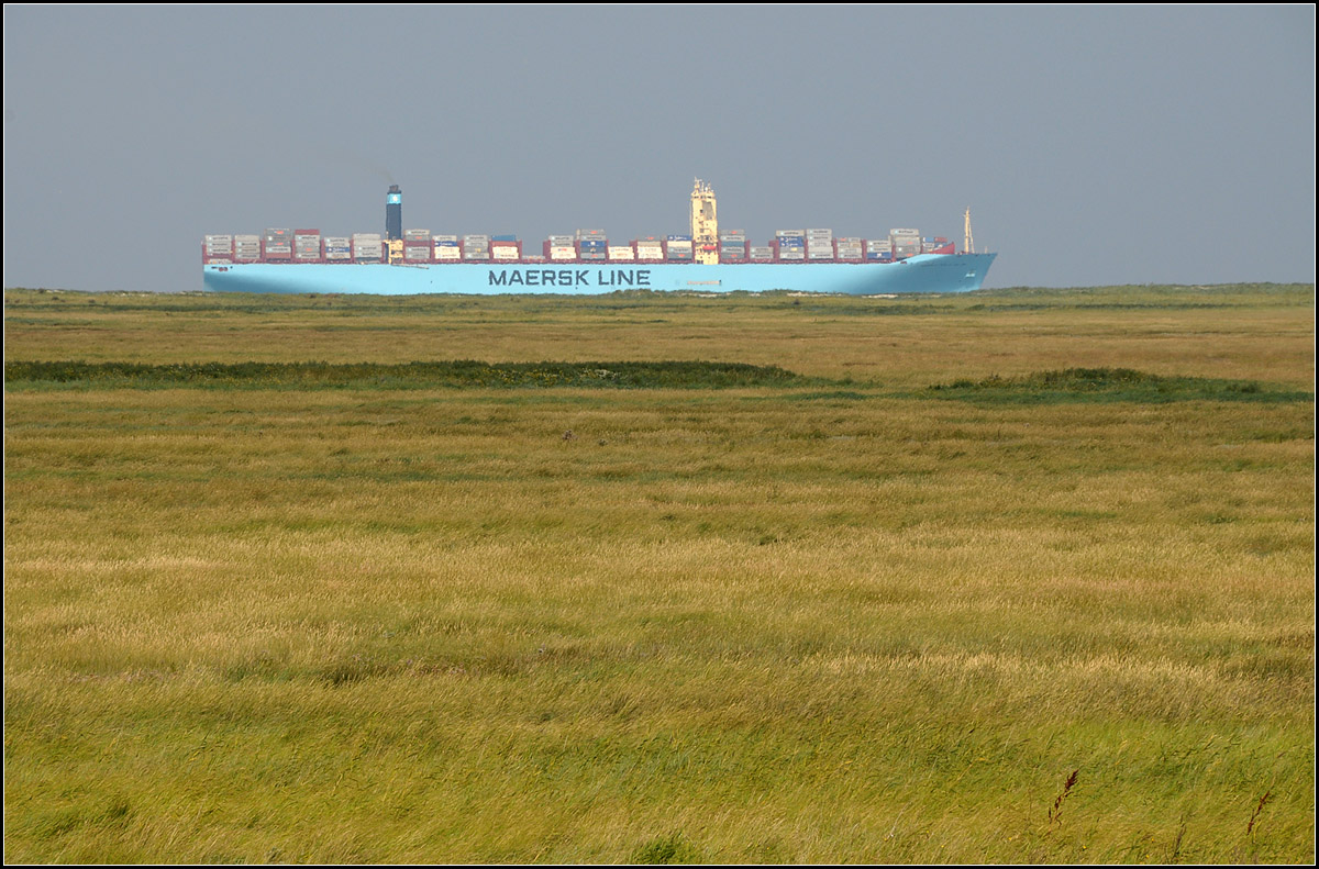 . Containerschiff und Insel - 

Das weltgrößte Containerschiff, die Mærsk Mc-Kinney Møller (Länge: 399 Meter, Breite: 59 Meter) passiert die Insel Mellum bei ihrer zweiten Fahrt nach Bremerhaven.

29.08.2013 (J)