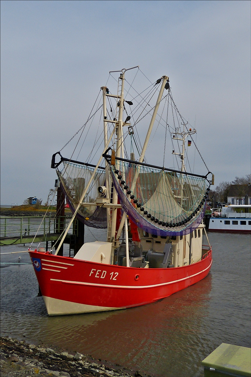 . Krabbenkutter FED 12 „RUBIN“, liegt am 12.04.2018 im Hafen von Fedderwardersiel.  (Hans)