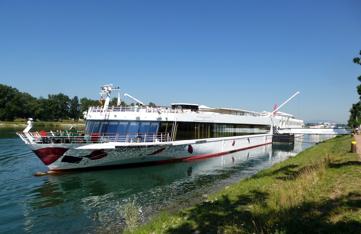A-Rosa Flora, in Breisach am Rhein, neuestes Flukreuzfahrtschiff der A-Rosa GmbH, seit Mrz 2014  in Dienst gestellt, gebaut und beheimatet in Rostock, Lnge 135m, 183 Passagiere, Juli 2015