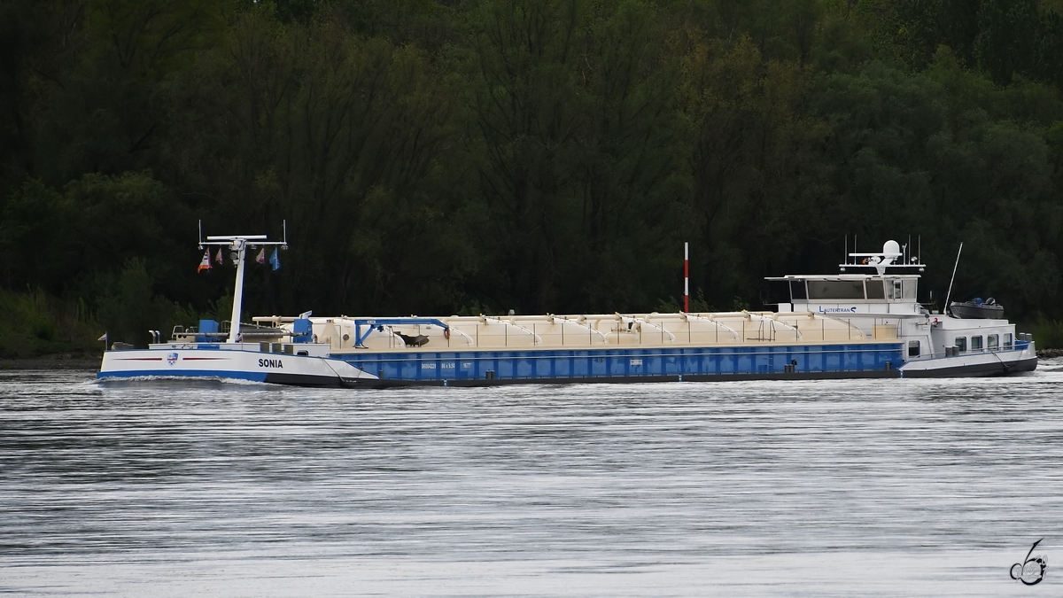 Anfang Mai 2021 war auf dem Rhein bei Duisburg der Pulvertanker SONIA (ENI: 06004229) zu sehen.