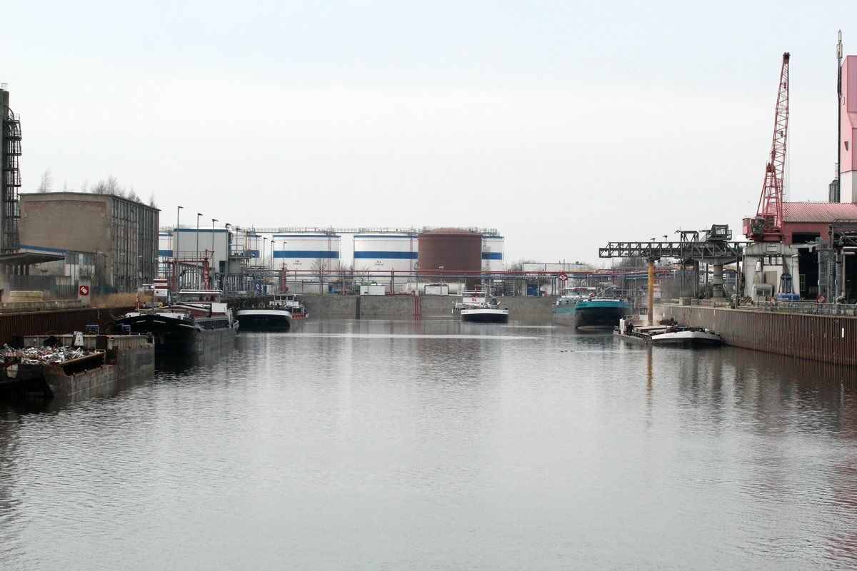 Blick in das Hafenbecken II des Magdeburger Hafens am 13.03.2017. TMS werden gelöscht und GMS aus einem Silo beladen.