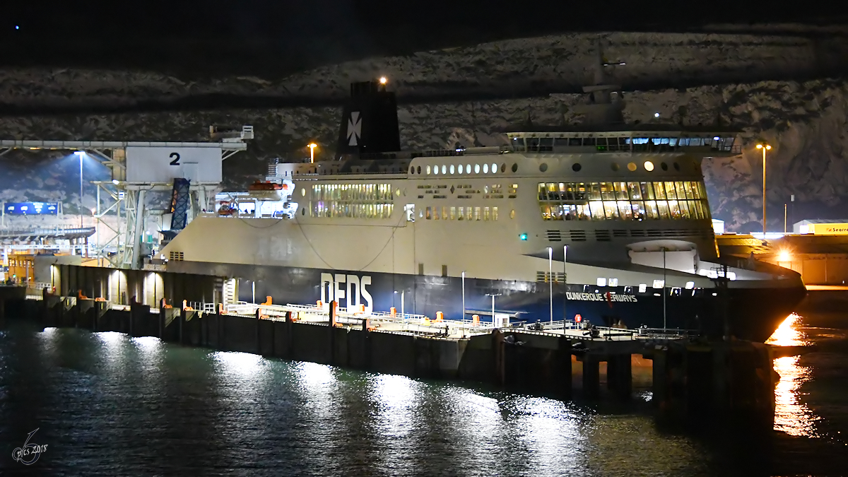 Das Fährschiff  Dunkerque Seaways  von DFDS Mitte Juli 2018 im Hafen von Dover.