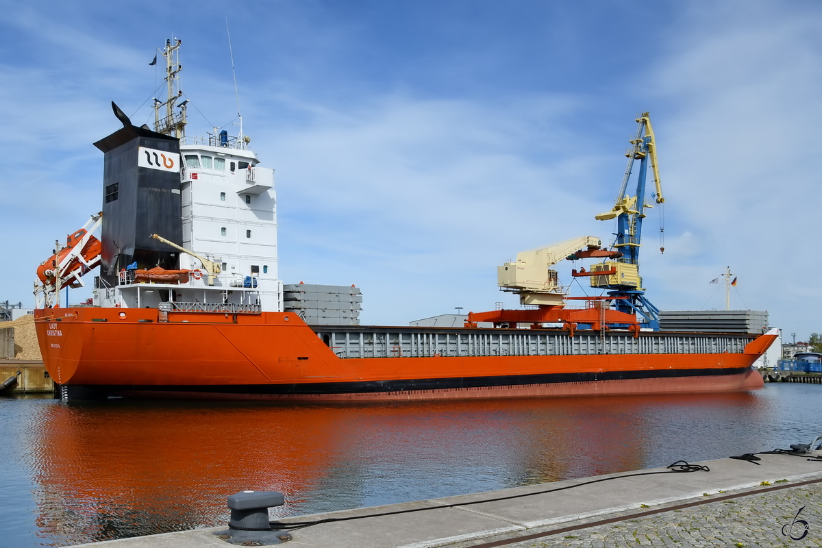 Das Frachtschiff LADY CHRISTINA (IMO: 9201815) hatte Anfang Mai 2023 in Wismar angelegt.