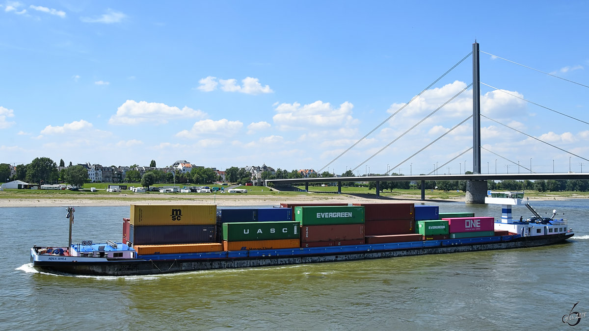 Das Gütermotorschiff  Aqua Myra  (02319046) auf dem Rhein. (Düsseldorf, Juni 2018)