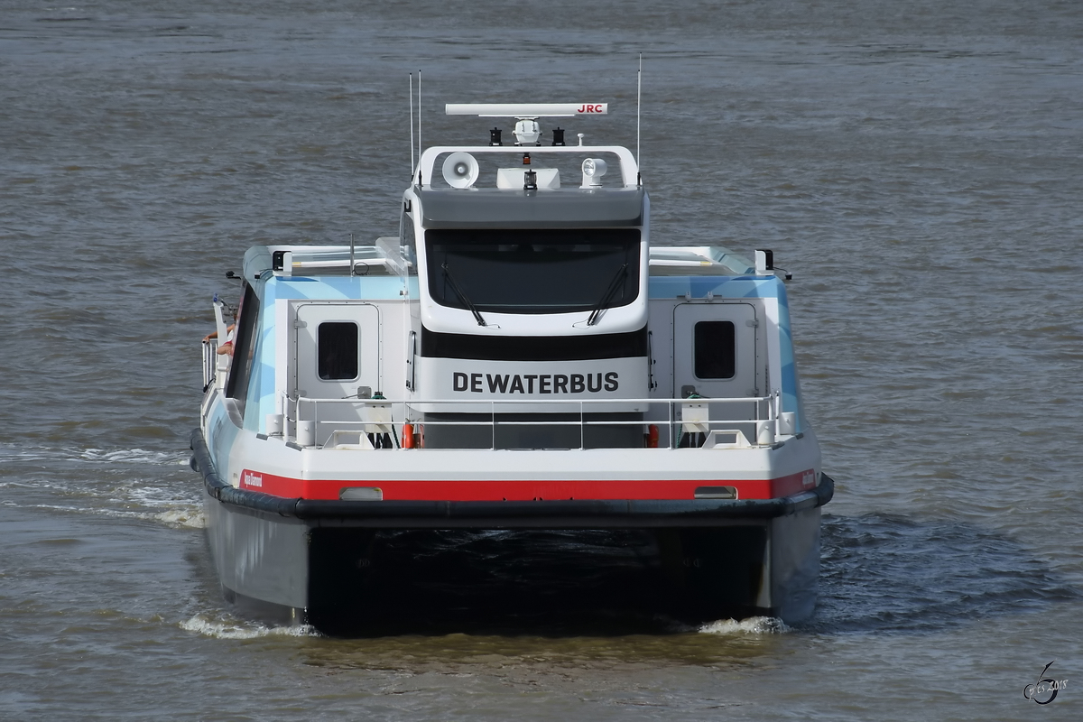 Der Fährkatamaran  Aqua Diamond  (ENI 02337372) Ende Juli 2018 auf der Schelde in Antwerpen.