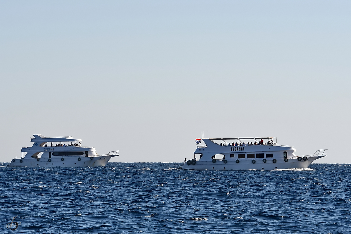 Die Ausflugsboote  Queen 1  und  Elbana 1  auf dem Roten Meer. (Scharm El-Scheich, Dezember 2018)