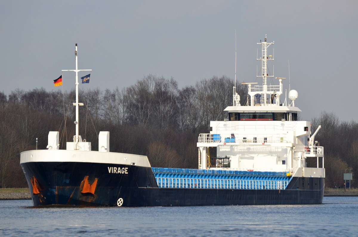 Die Virage IMO-Nummer:9411824 Flagge:Niederlande Länge:85.0m Breite:12.0m Baujahr:2012 Bauwerft:Bijlsma Shipyard,Lemmer Niederlande am 28.02.15 im Nord-Ostsee-Kanal bei Fischerhütte.