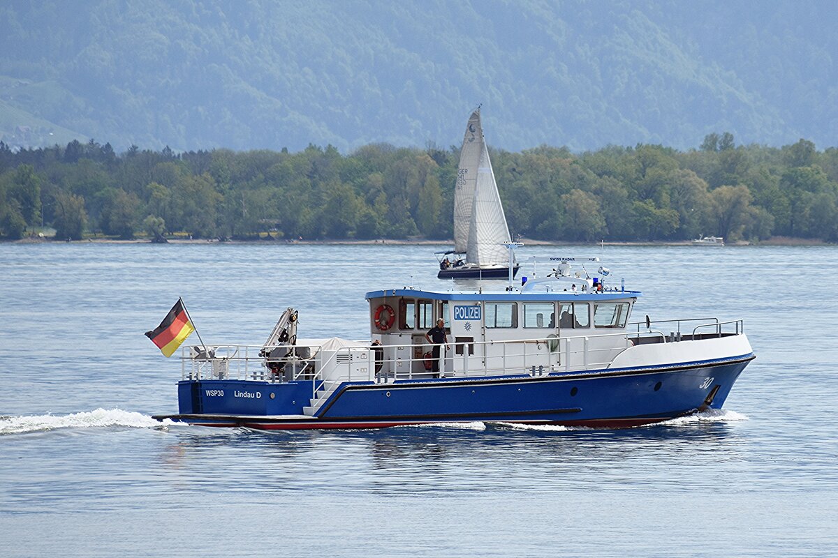 Fahrzeug der Wasserschutzpolizei auf dem Bodensee vor Lindau/Deutschland (07.05.2023)