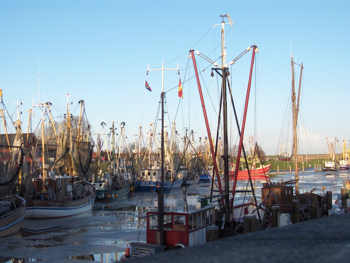 Fischerboote im Hafen von Greetsiel am 28.12.2009.