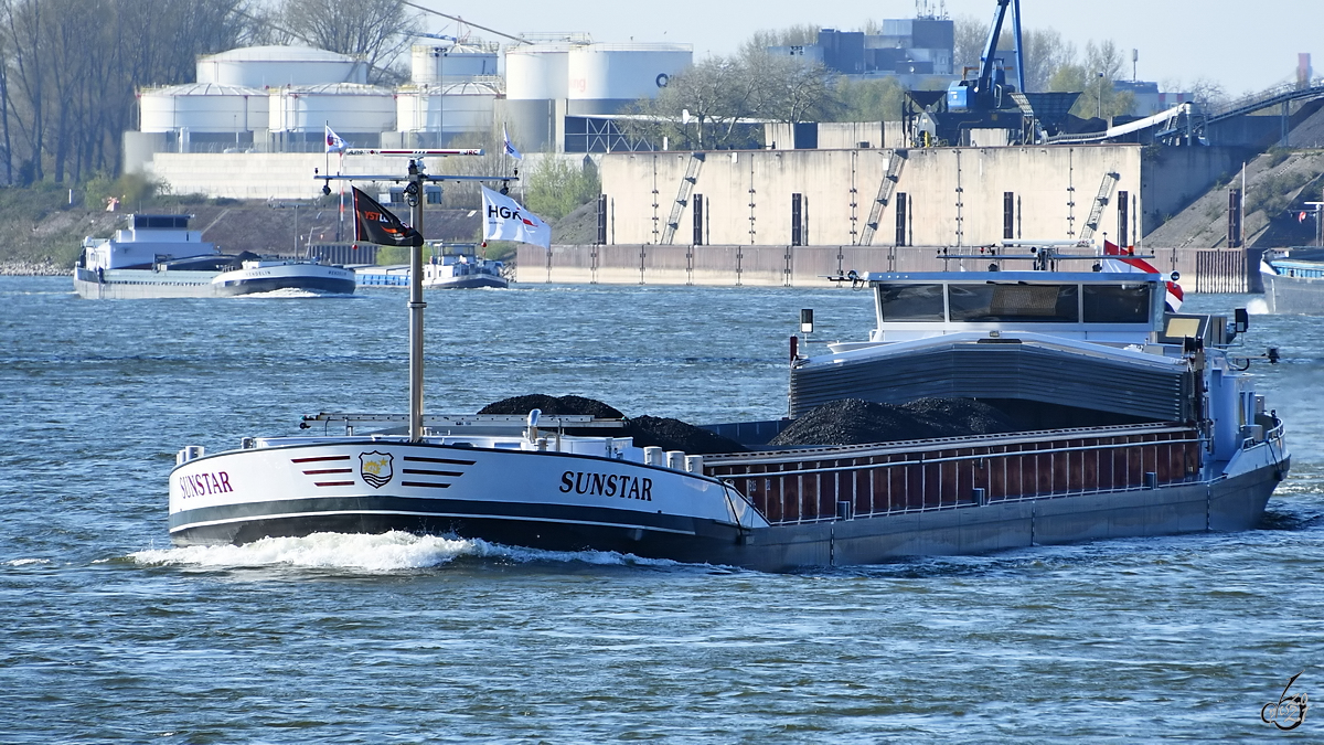 Im Bild das Gütermotorschiff SUNSTAR (ENI: 02326282), welches Anfang April 2021 auf dem Rhein unterwegs war.
