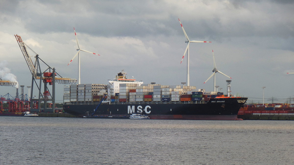 MSC ORIANE  (IMO 9372482) am 5.8.2016, Hamburg liegend, Walterhofer Hafen /
Containerschiff / BRZ 66.399 / Lüa 277,3 m, B 40 m, Tg 14,5 m / 1 Diesel, MAN B&W 10K98MC-C 51.535 kW (70.068 PS), 24,8 kn / 5762 TEU, davon 632 Reefer / gebaut 2008 in Süd Korea / Flagge: Panama / Eigner: Compania Naviera Oriane S.A.
Panama, Manager + Operator: MSC - Mediterranean Shipping Company S.A., Schweiz /
