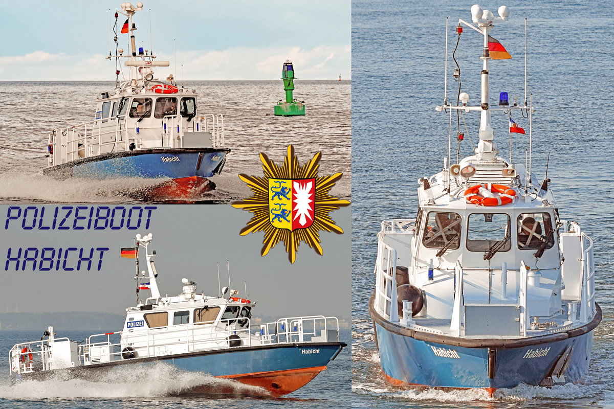 Polizeiboot HABICHT im Hafen von Travemünde bzw. in der Lübecker Bucht. Aufnahmen aus dem Jahr 2017 (oben links) und 2018