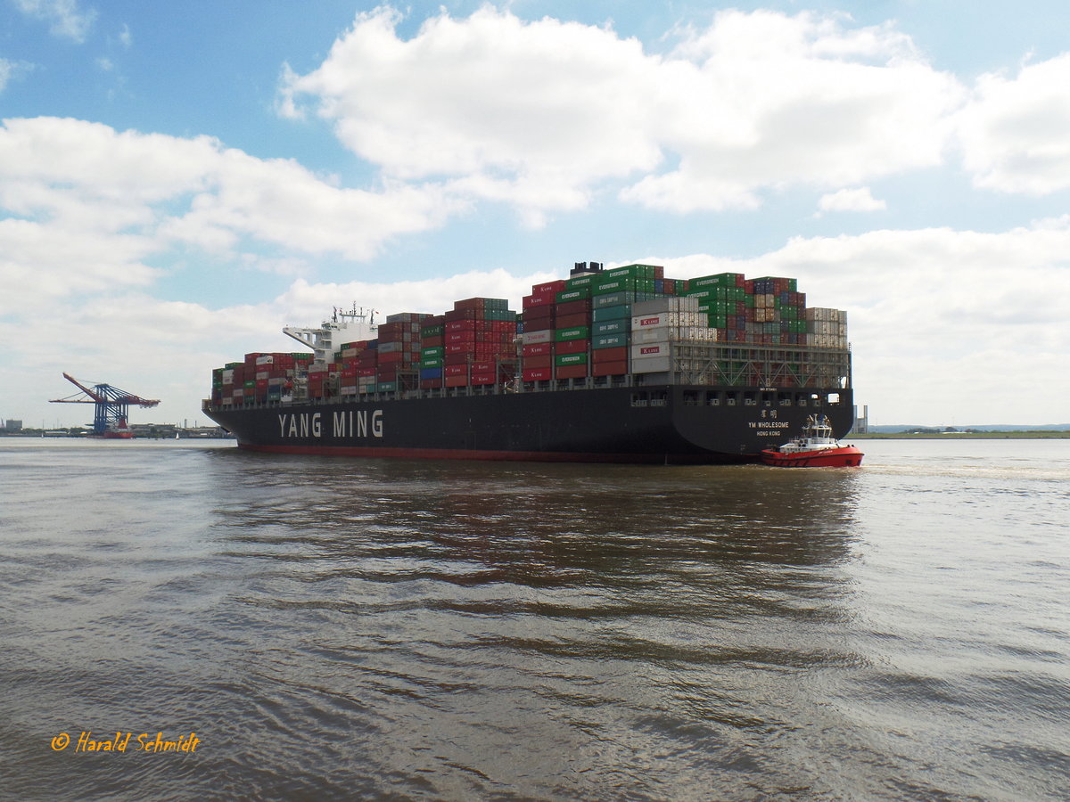 YM WHOLESOME (IMO 9704611) am 16.8.2016, Hamburg, Elbe, Höhe Blankenese  /
Containerschiff / BRZ 144.651 / Lüa 368 m, B 51 m, Tg 16,02 m / 1 Diesel, MAN-B&W/Hyundai 11S90ME-C9.2, 53.250 kW (72.399 PS), 23,2 kn / 13.800 TEU / gebaut 2015 bei Hyundai, Ulsan, Süd Korea / Flagge + Heimathafen: Hong Kong, China / Operatot: Yang Ming Marine Transport Corporation / 
