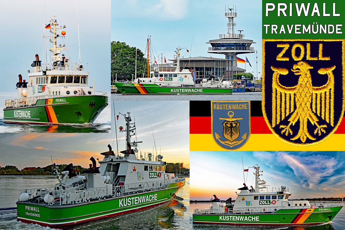 Zollboot Priwall. Die Aufnahmen wurden am 24.6.2018 (oben Mitte) sowie 12.10.2018 in Travemünde bzw. dem Seeraum vor Travemünde gefertigt