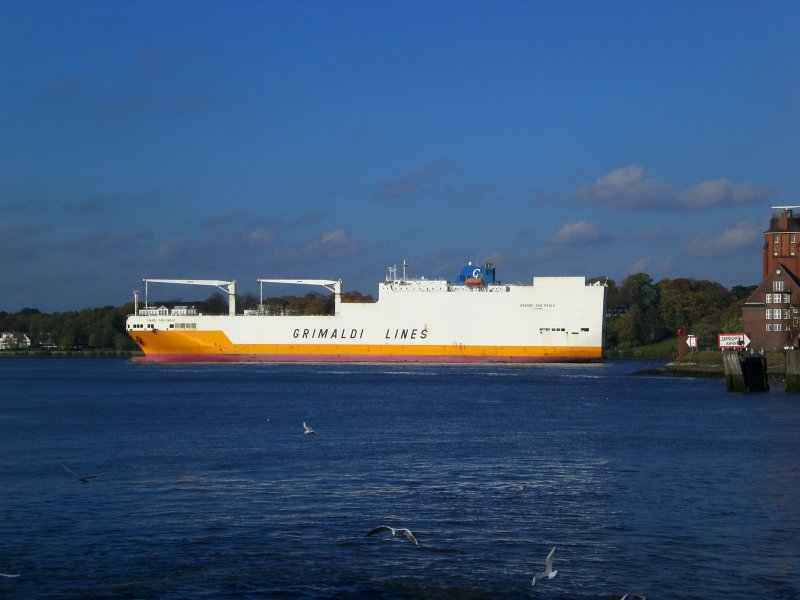 Das Containerschiff Grande Ghana auf der Elbe bei Hamburg-Blankenese.