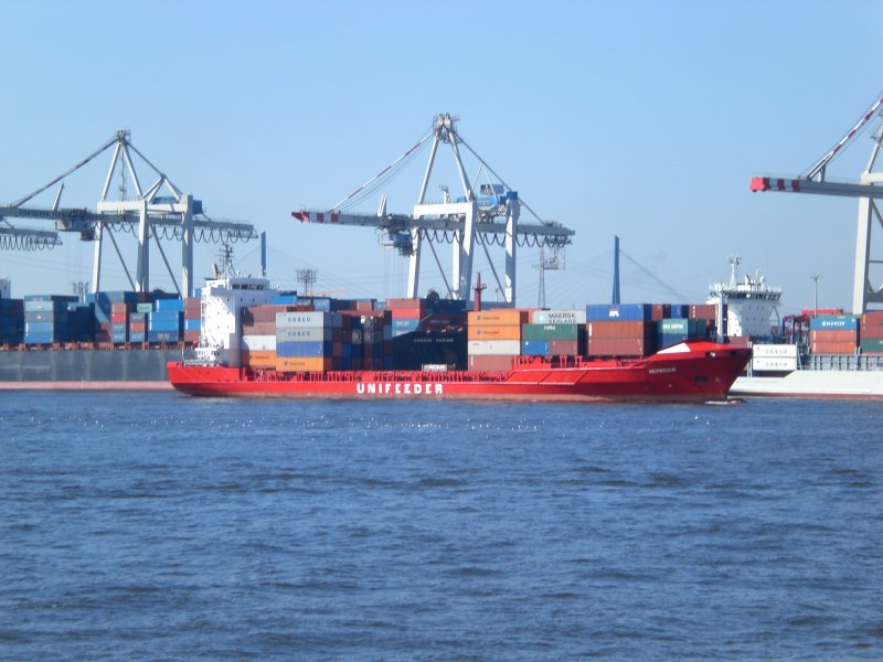 Das Containerschiff Wergrega im Hamburger Hafen.