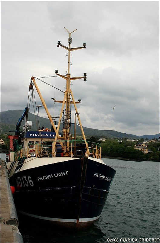 Das Fischerboot  Pilgrim Light  (IRL000I11065) WD 136, Lnge 22,55 m im Hafen von Castletownbere, Irland Co. Cork.