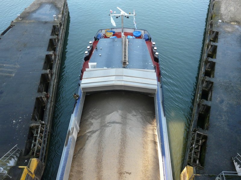Das niederlndische Motorfrachtschiff  Lara  (ex  Cobra, ex  Poolster , ex  Leontine ) verlsst am 07.02.2008 die kleine Kammer der Schleuse Fessenheim, Rhein-Seitenkanal, im Unterwasser.