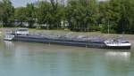 Der Tanker SKADY zu Berg fahrend bei Breisach wartet unterhalb an der Schleuse. Am 19.06.2013 gesehen.