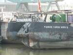 Heckansicht vom zum schieben ausgersteten Motorfrachtschiff  SCHAUNBURG  der Donau-Dampfschiffahrts-Gesellschaft im Osthafen Regensburg (2008).