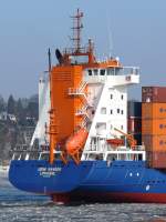 Nachschuss auf das 2005 in Rumnien gebaute Frachtschiff JORK RANGER, Flagge Zypern, Limassol; IMO: 9322542; L. 141,0m; B: 22,0m;  bei Hamburg-Finkenwerder; 16.02.2010
