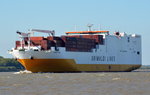 Grande Cotonou Auto-und Containertransporter von Grimaldi Lines am 15.09.16 bei Wedel einlaufend nach Hamburg, Heimathafen Palermo IMO: 9672105.