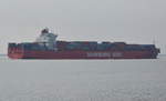 Rio Madeira Containerschiff von Hamburg Süd, IMO: 9348106, Baujahr 2009, Container/TEU 5905, Länge 286,45 m, Breite 40 m, Tiefgang 13,77 m, 23 Knoten.  Auslaufend bei Brockdorf am 27.09.17. Heimathafen Monrovia.