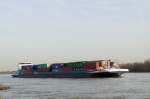 MS  Sensation  aus Rotterdam, 02326239,135 x 17,10 Meter, vermessen mit 5008 Tonnen. Das Fahrzeug hat Stellfläche für 502 TEU. Foto ist von 2/2014 auf dem Niederrhein.