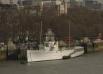 HQS Wellington als Museumsschiff auf der Themse in London am 20.03.2014. Das ehemalige Kriegsschiff war im zweiten Weltkrieg im Geleitschutz von Konvois im Einsatz.