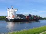 Nachschuss auf Containerschiff INES BOLTEN (IMO 9395575), Limassol, Zypern;  L: 139,0m, B: 22,0m; gebaut 2009 bei DETLEF HEGEMANN ROLANDWERFT, BERNE; auf dem Nord-Ostsee-Kanal (NOK) in Richtung Kiel am 05.06.2010
