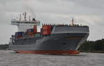 Thedis D, Containerschiff, Heimathafen Monrovia,IMO 9372274,am 04.10,17 bei Burg am NOK.