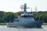 Das Patrouillenboot P525 Rota Flagge:Dänemark Länge:43.0m Breite:9.0m am 05.06.16 im Nord-Ostsee-Kanal bei Rade aufgenommen.