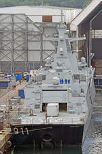 Fregatte vom Typ „Meko A-200ALG  mit der taktischen Kennung  911  im Hafen von Kiel. Der Neubau ist für Algerien bestimmt. Aufnahme vom 23.08.2016