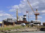 das Museumschiff  Goliath  (Bj.1941) wird in Bremerhaven berholt.Aufnahme am 1.05.2011