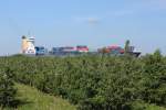CHARLOTTA B, Container-Feeder von CMA CGM, IMO: 9432232, auf dem Weg nach Hamburg, scheinbar durch die Apfelbume fahrend.