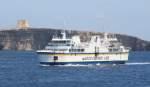 Ta´Pinu ist am 15.5.2014 unterwegs zur Insel Gozo. Sie ist im dortigen Fährverkehr tätig und kann 900 Passagiere und 72 Fahrzeuge befördern. BRZ: 4874
Sie ist 85,4 m lang und wurde 2000 in Dienst gestellt.