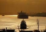 In dieser Morgenstimmung luft ein Tanker aus Rotterdam aus. Das Bild stammt vom frhen Morgen des 17.11.2008