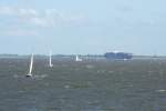 Am 26.08. war es windig auf der Nordsee bei Cuxhaven. Das nutzten viele Segler um ihrem Sport nachzugehen. Von hinten sieht man schon einen grossen Frachter herannahen.