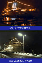Die Fahrgastschiffe ALTE LIEBE und BALTIC STAR im Hafen von Lübeck-Travemünde. Über einen längeren Zeitraum gehörten diese  Butterdampfer  zum Stadtbild. Als Kind/Jugendlicher bin ich manches Mal auf ihnen mitgefahren.Die beiden Aufnahmen sind Ende der 1970er-Jahre im Winter entstanden. Die nach heutigen Maßstäben eingeschränkte Bildqualität ist der Kamera, die ich als Schüler hatte, geschuldet. Oftmals bezahlte man lediglich zwischen 1 Pfennig und 2,- DM pro Fahrt - spottbillig, genau genommen  fast geschenkt ... Zwar wurde an Bord reichlich gegessen und getrunken, aber der größte Teil des  Gewinns  wurde sicherlich beim Verkauf der  Duty-Free -Waren erzielt. Ich sehe noch heute die  Schlangen  vor der Kasse... Mensch, was wurde da  geshopt!  
Meine Eltern begleiteten mich oft, insbesondere bei den Abendfahrten (mit Tanz), die mir ganz besonders große Freude bereiteten. Das waren Zeiten, an die ich mich gern erinnere!
Das  Anlegen  in Dänemark bzw. Rødbyhavn war eigentlich ein  Witz . Das Schiff fuhr bis zum Kai, die Leine wurde nach  drüben  geworfen und um einen Poller gelegt. Augenblicke später ließen die Dänen die Leine wieder ins Wasser gleiten und der Dampfer legte den  Rückwärtsgang  ein... so hatte ich mir damals als Kind den Besuch in  Danmark  eigentlich nicht vorgestellt.   
Überwiegend in Bussen wurden die zumeist im Rentenalter befindlichen Passagiere seinerzeit zum Ostpreussenkai gebracht. Zur Mittagszeit wurde u.a.  Eisbein  serviert. Wer keine  festen Seebeine  hatte, trennte sich dann von der schweren Kost... das Schiffs- bzw. Reinigungspersonal war an manchen Tagen gewiss nicht zu beneiden ob des an Neptun  Geopfertem .
Und wer glaubte, dass man in  Sicherheit  war, wenn man an den uniformierten Zöllnern vorbei war (die konnten wegen der vielen Leute ja nur stichprobenartige Kontrollen machen), der zuckte dann vielleicht ordentlich zusammen, wenn am Parkplatz (z.B.  Leuchtenfeld ) plötzlich Beamte in Zivilkleidung hinter einem standen und  Zollkontrolle  sagten, während man den Schnaps und die Zigaretten (nicht selten über die Freimenge hinaus) gerade in den Kofferraum legen wollte. Das wurde dann ziemlich teuer für den/die Schmuggler...
Doch nicht diese  Stories  (von denen ich eine Menge zu erzählen wüsste...) sollen hier im Mittelpunkt stehen, sondern diese Schiffe bzw.  Butterdampfer . BALTIC STAR wurde als HELGOLAND während des Vietnam-Kriegs zeitweise als Lazarett-Schiff eingesetzt. Während ihres fünfjährigen Einsatzes wurden 12500 Verletzte an Bord stationär behandelt und etwa 330000 Zivilisten ambulant versorgt.
Was an Bord alles geschah und was die Besatzungsangehörigen einstmals erleben mussten, war zu Zeiten der  Butterfahrten  kaum mehr vorstellbar. Ich glaube nicht, dass viele  Gäste  an jene Monate/Jahre dachten, wenn sie hier verweilten und die Seereise auf der Ostsee genossen.