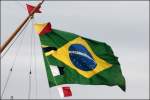 Amerika Brasilien. Flagge am Heck des brasilianischen Segelschulschiffes CISNE BRANCO. Aufgenommen am 28.08.2008 in Bremerhaven.