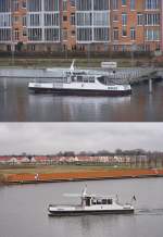 Berliner Kan�le und Seen Die kleine F�hre 'ODIN IV' (L=15m, B=4m, bis zu 50 Personen) liegt auf der Oberhavel am Anleger 'Havelspitze' in Berlin-Spandau. Die F�hre bedient das Festland und die Inselwelt im Tegeler See, einem m�chtigen Seitenarm der Oberhavel. Baujahr:2002.  Unteres Foto: 'ODIN IV' hat abgelegt, gewendet und strebt weiteren Destinationen zu. Die gro�e freie Landfl�che im Bildhintergrund, vor der jetzt langsam einsetzenden Bebauung durch Reihenh�user, war zur Zeit vor der Wende eines der gr��ten Tanklager West-Berlins. Hier lagerten �l- und Benzinvorr�te als strategische Reserve f�r die Stadt. Man erkennt an den leichten B�schungen wie tief das Erdreich abgetragen werden musste um jegliche Umweltsch�den zu beseitigen. Foto: 4.2.2007 