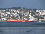 Elbe Vor den vielen H�usern mit wei�en Fassaden in Hamburg-Blankenese ist das 'CONTAINERSHPIS V' (IMO 9141118) kaum auszumachen; 04.03.2009
