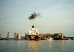 Massengutfrachter  Amber Lagoon in der Rethe. Blick vom Rethe-Ufer zum Rethe-H�ft. Scan eines Bildes von 1995 aus Hamburg. Das Schiff wurde gedreht und an die Kalikai verholt.