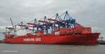 SANTA CLARA  (IMO 9444716) am 4.6.2012, Hamburg,Liegeplatz Athabaskakai  Containerschiff / GRT 80.000 /  La299  m, B 43,2 m, Tg 13 m / TEU 7.100, davon 1600 Khlcontainer / 1 Diesel B&W 45.760 kW, 23