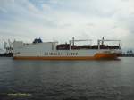 GRANDE FRANCIA  (IMO 9246592) am 24.7.2013, Hamburg auslaufend, Elbe Hhe Neumhlen /  RoRo-Schiff / BRZ 56.738 / La 214 m, B 32,2 m, Tg 9,9 m / 1 Diesel SUL 8TRA 62U, 18.200 kW, 19 kn /700 TEU /