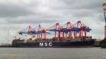 MSC SUSANNA (IMO 9290543) am 20.6.2014, Hamburg, Elbe, Stromliegeplatz Athabaskakai /
Containerschiff / BRZ 107.849 / Lüa 336,67 m, B 45,6 m, Tg 15 m / 1 Diesel, MAN-B&W 12K98MC-C 69.414 kW, 94.377 PS, 25 kn / 9.178 TEU / 2005 bei Samsung, Geoje, Süd Korea / Flagge + Heimathafen: Panama / 
